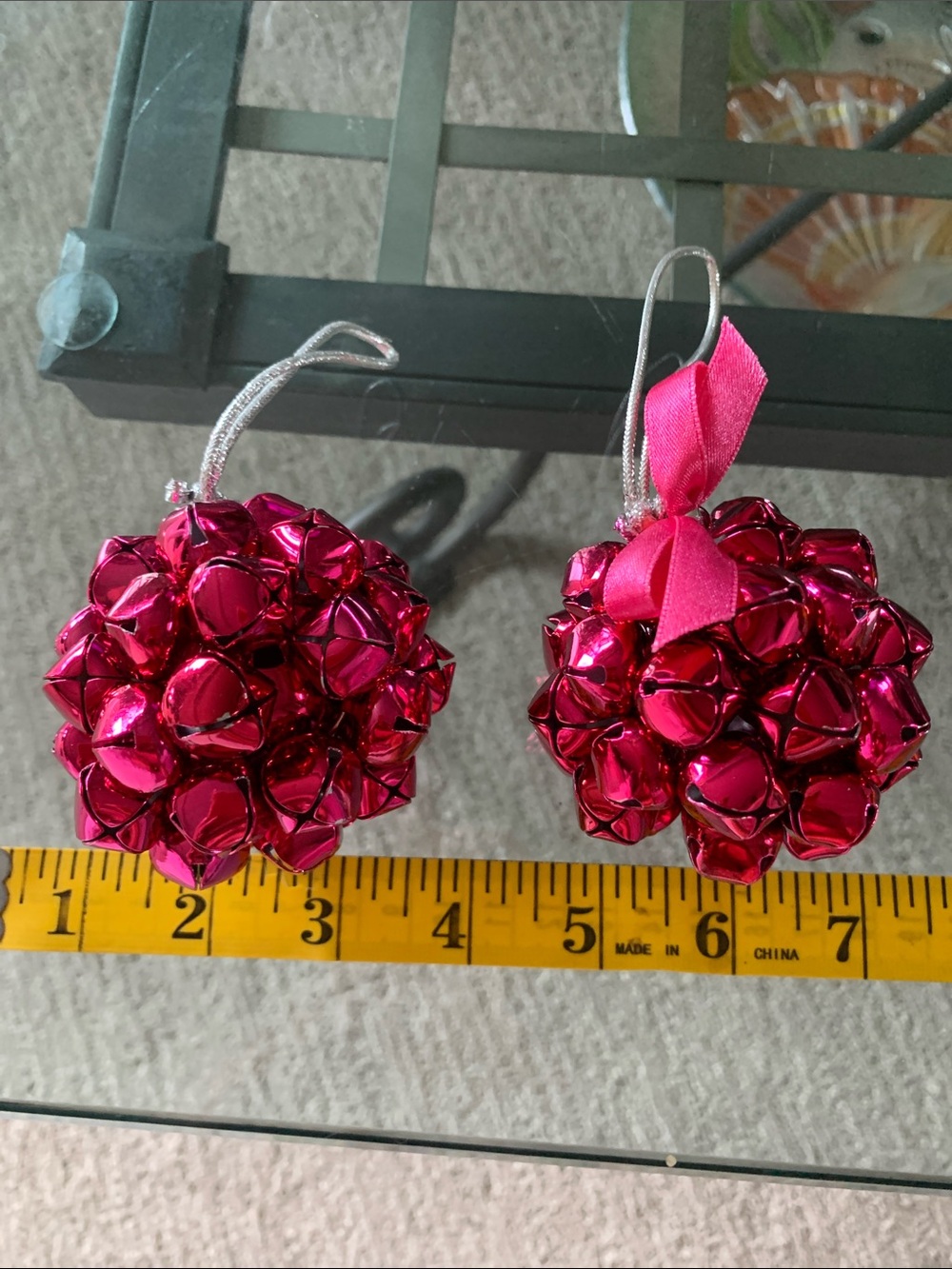 Festive Pink Jingle Bell Pom Pom Ornaments Pair